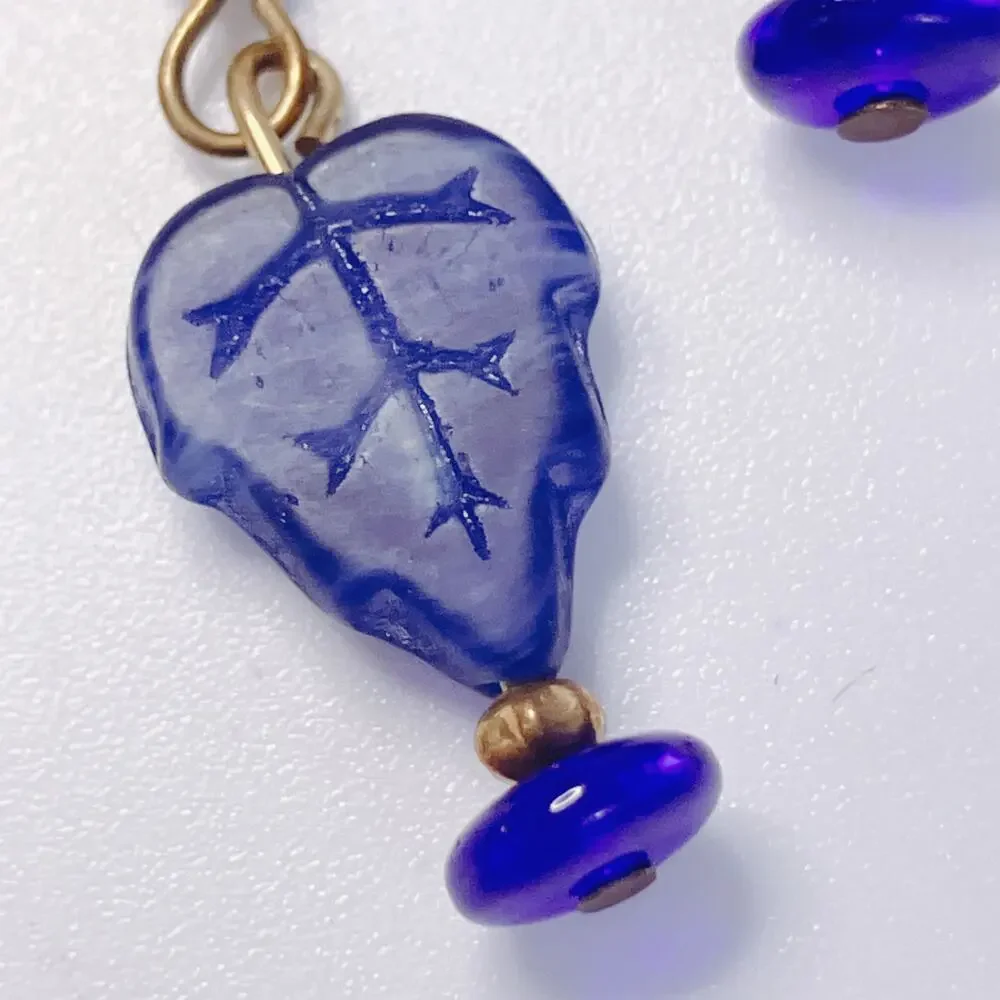 Colbalt Blue Glass Leaf Dangle Earrings Cute Boho Botanical Gold Tone Hooks